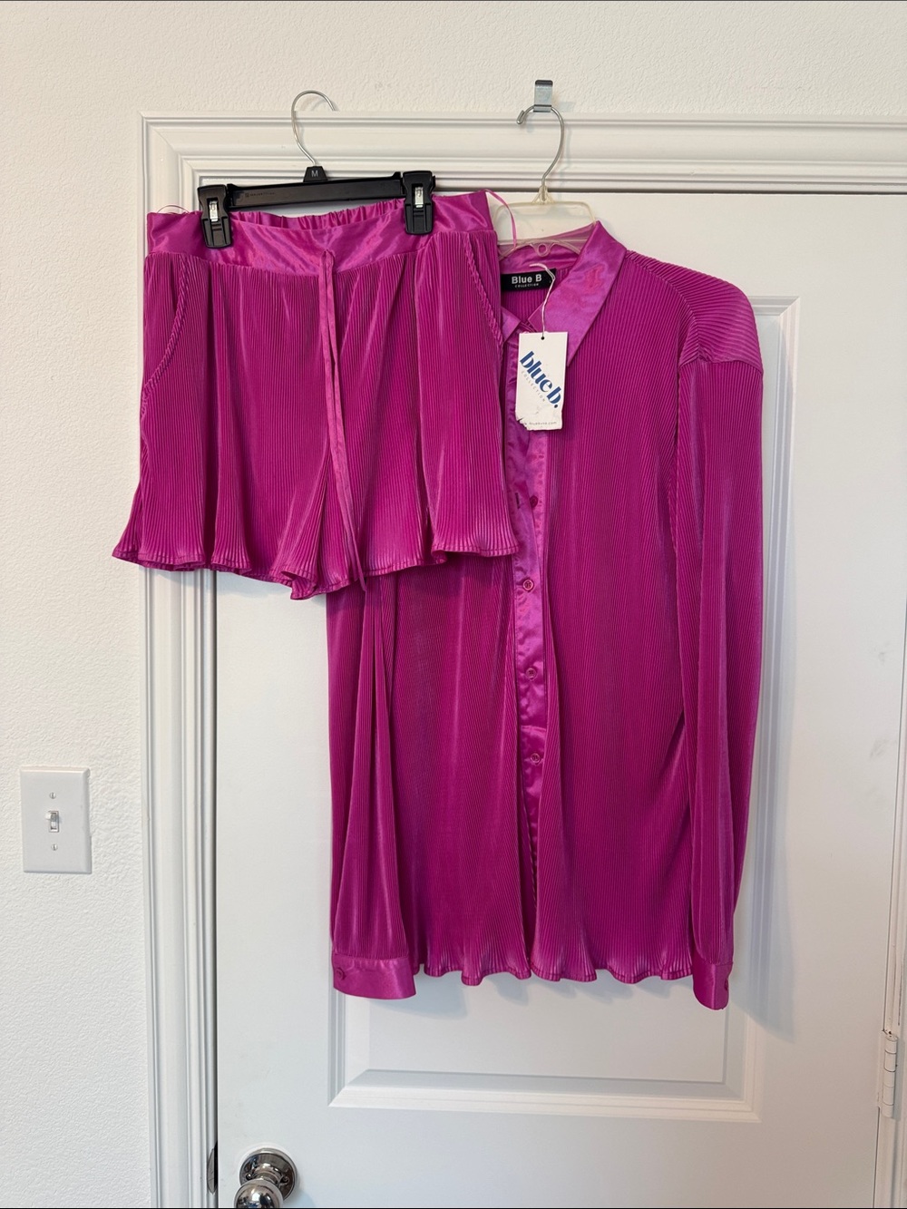 Blue B Fuchsia Pleated Button-Front Blouse and Shorts Set
